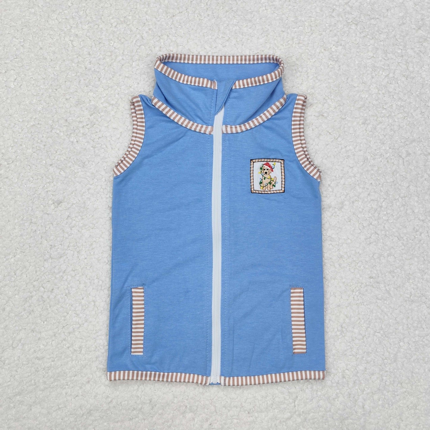 BT0860 Christmas embroidered puppy lantern blue sleeveless zipper vest