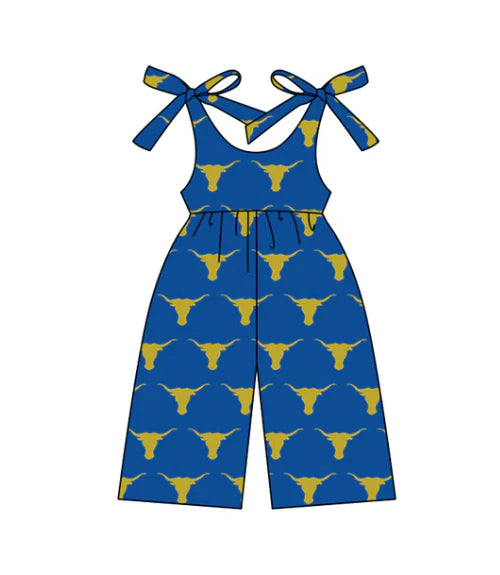 7.3Preorder (moq 5)Baby Girls Blue Cow team Straps Jumpsuits Rompers