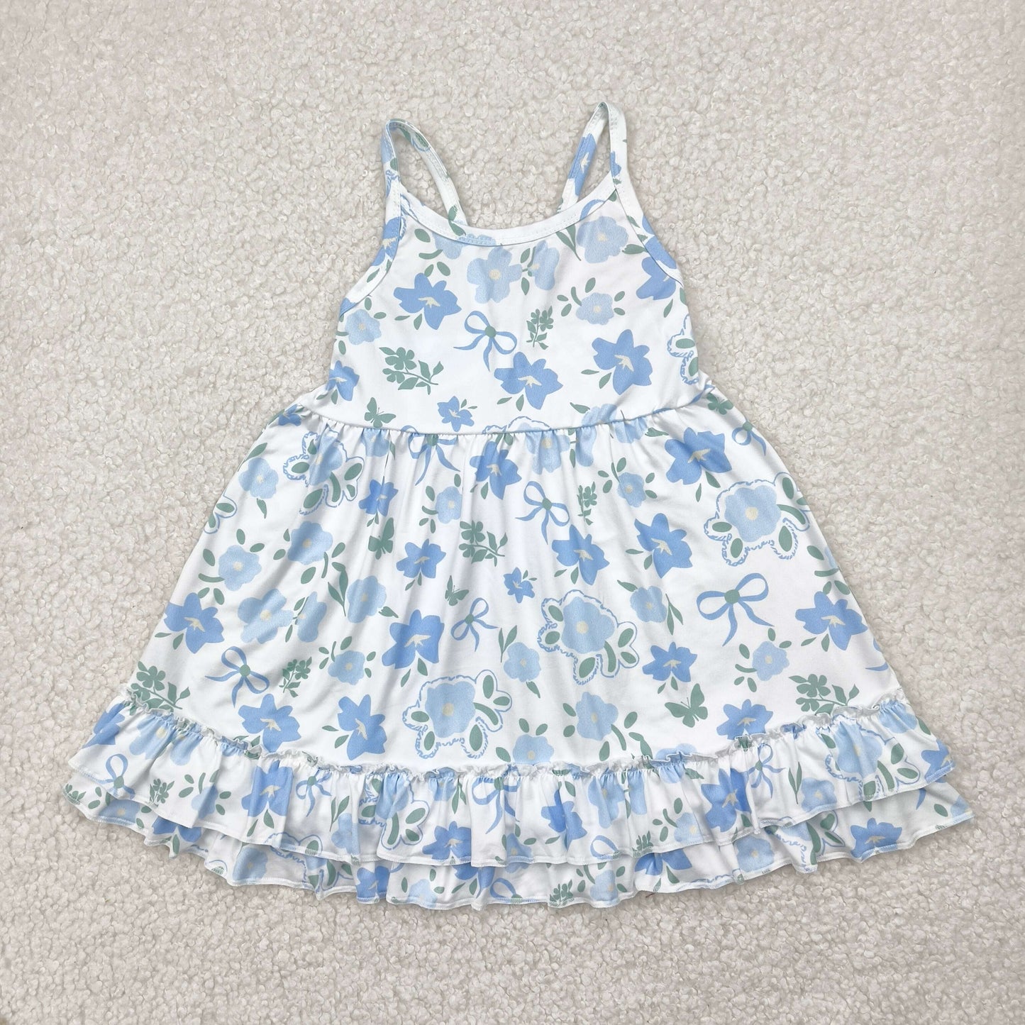 4.24  GSD2377 Beige sleeveless dress with blue flower and bow pattern