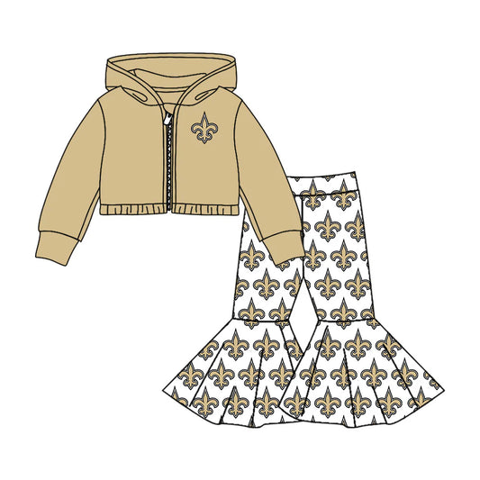 7.30Preorder moq 5 Baby girls Khaki Saint team hooded shirt bell bottom pants sets