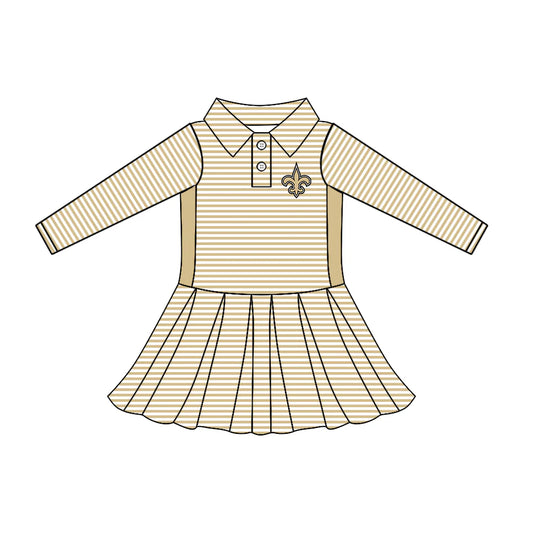 7.30Preorder (moq 5)Baby Girls Long Sleeve Stripe Button Saint Team Knee Length Dresses