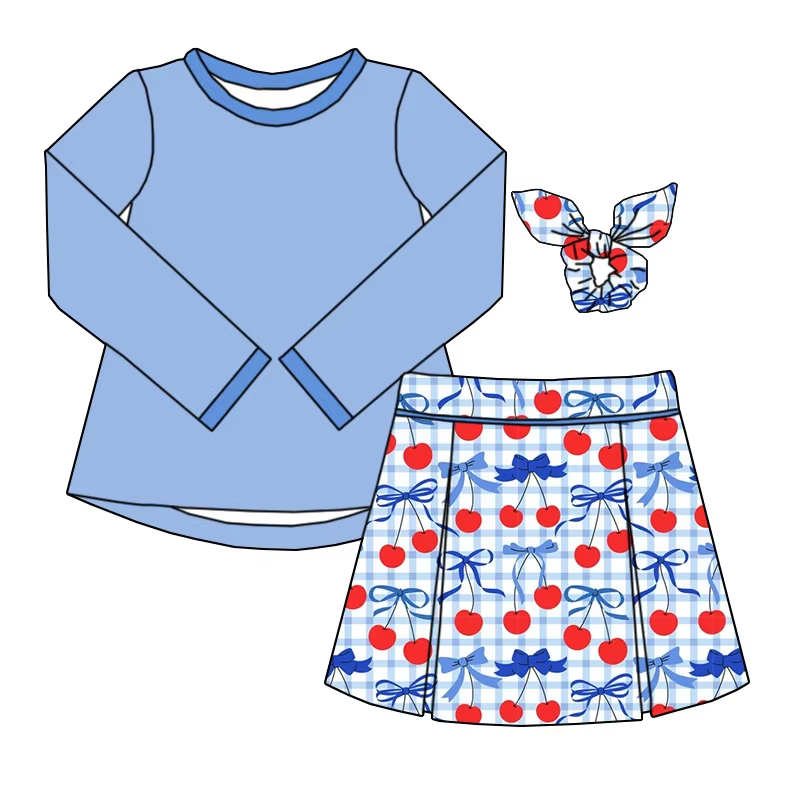 6.10 Solid color top blue bow skirt pants suit