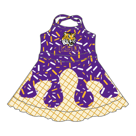 7.4Preorder (moq 5)Baby Girls Strap Drip Purple LSU Shorts Ruffle Team Knee Length Dresses