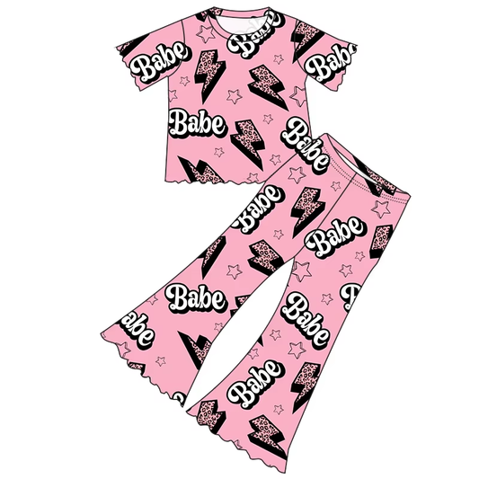 6.19 Pink Letter Short Sleeve Pants Suit