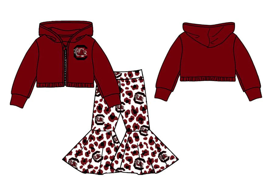 X908Preorder (moq 5)Baby Girls Red Bulls C Zipper Hoodie Jacket Bell Bottom Pants Team Clothes Sets