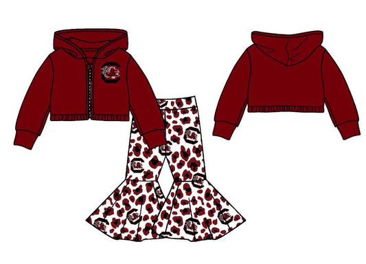 X908Preorder (moq 5)Baby Girls Red Bulls C Zipper Hoodie Jacket Bell Bottom Pants Team Clothes Sets
