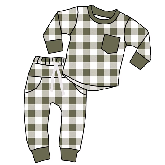 6.19 Green Plaid Long Sleeve Pocket Boys Suit