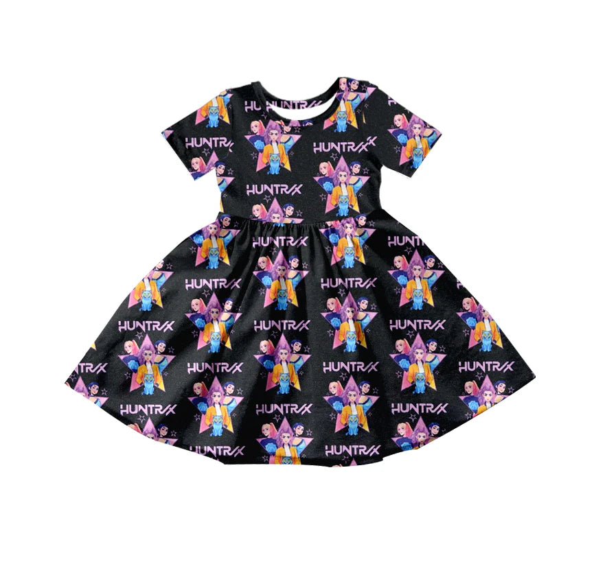 8.5Preorder moq 5 Baby Girls Short Sleeve Cartoon Hunter Knee Length Dresses