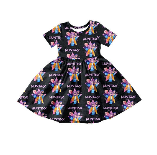8.5Preorder moq 5 Baby Girls Short Sleeve Cartoon Hunter Knee Length Dresses