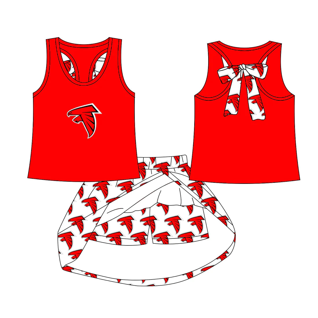 6.28Preorder (moq 5)Baby Girls Red Bird bow vest team Top Skirt Skort Sets