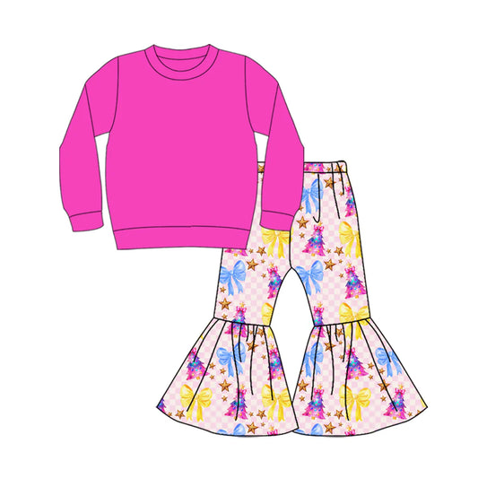 X904Preorder (moq 5)Baby Girls Hot Pink Color Shirt Top Trees Bows Bell Bottom Pants Christmas Clothes Sets