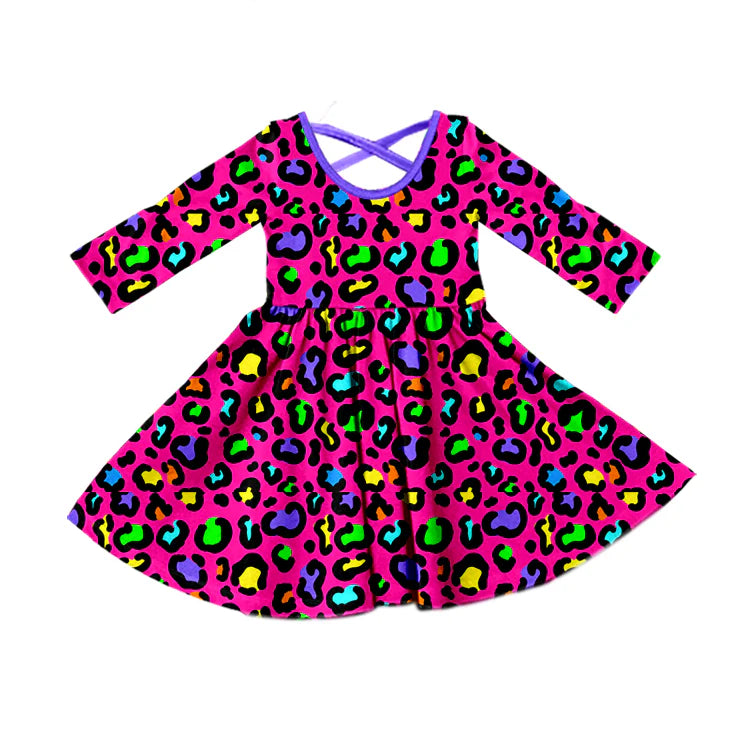 X922Preorder (moq 5)Baby Girls Pink Colorful Leopard Knee Length Dresses