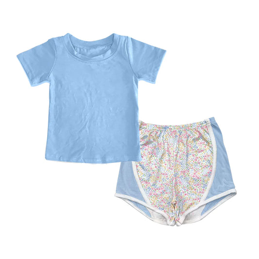 7.30Preorder(moq 5) Baby Girls Light Blue Short Sleeves Shirts Top Floral Shorts Set