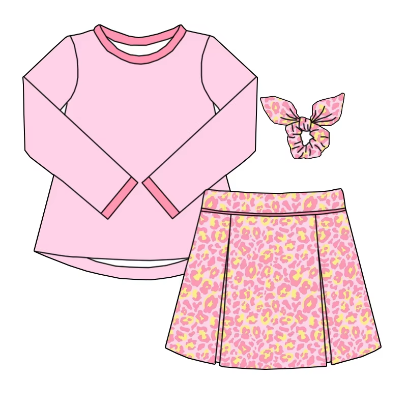 6.10 Solid color top and light pink leopard print skirt and pants set