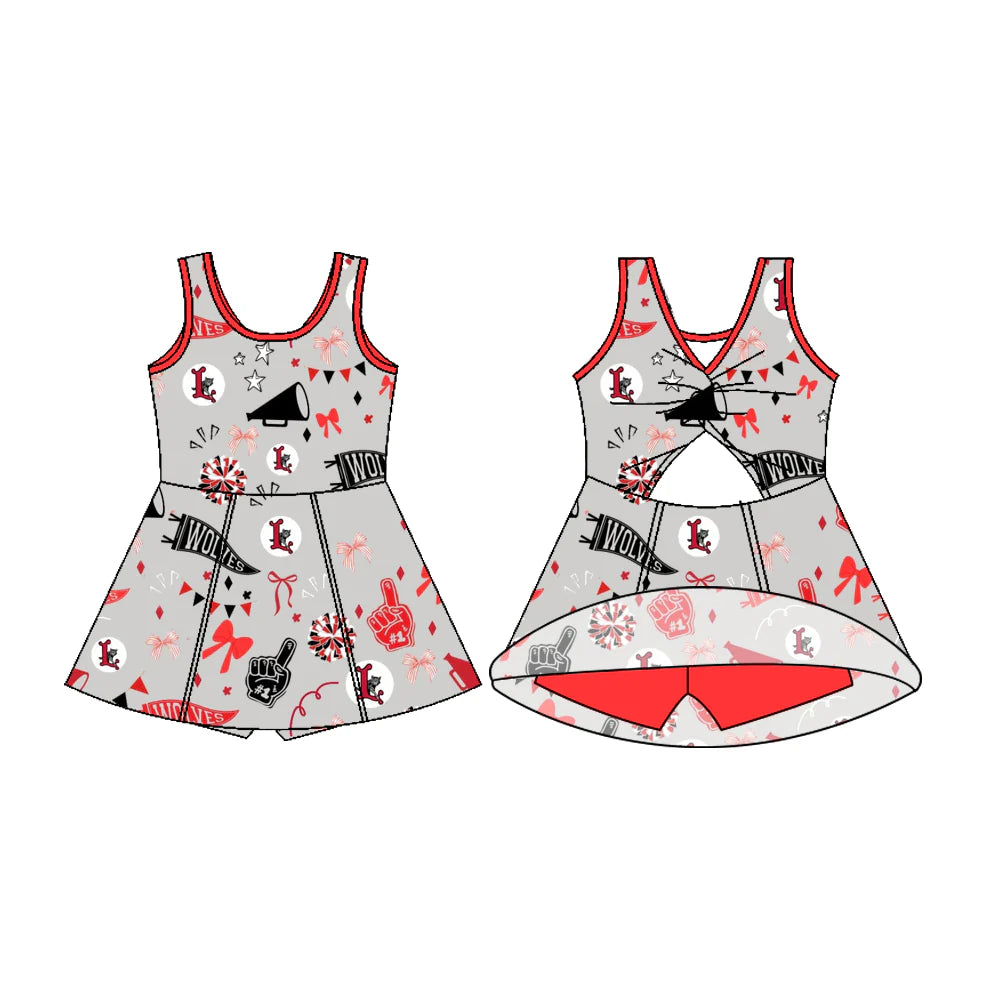 7.22Preorder (moq 5)Baby Girls Sleeveless Wolves Bow Team Shorts Team Dresses