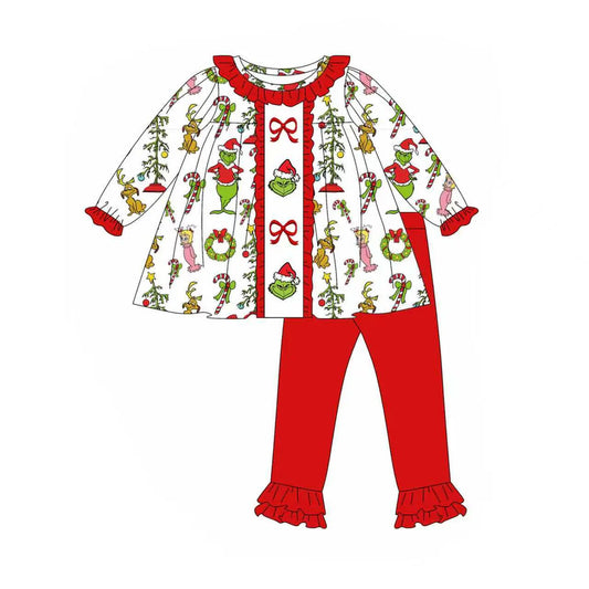 X903Preorder (moq 5)Baby Girls Candy Cane Green Face Tunic Ruffle Legging Christmas Clothes Set