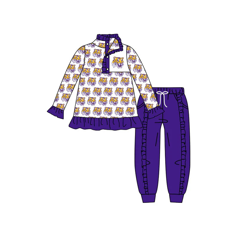 7.30preorder(moq 5) Baby Girls White LSU Tigers Team Long Sleeve Top Ruffle Pants Clothes Sets