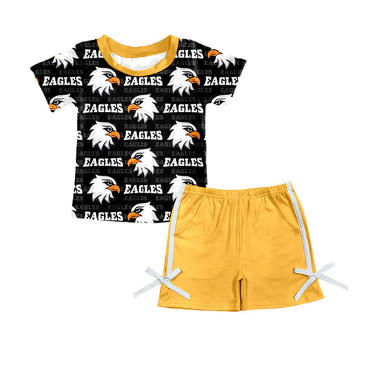 7.3Preorder (moq 5)Baby Girls Black Eagles Team Top Bows Shorts Sets
