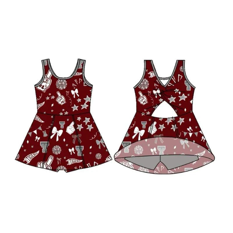 7.18Preorder (moq 5)Baby Girls Sleeveless Red Tigers Football Team Shorts Dresses
