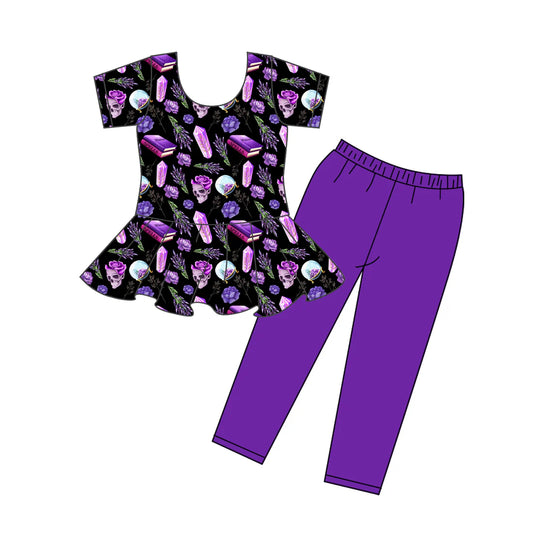 8.2Preorder (moq 5)Baby Girls Halloween Flowers Ghost tunic Purple legging outfits sets