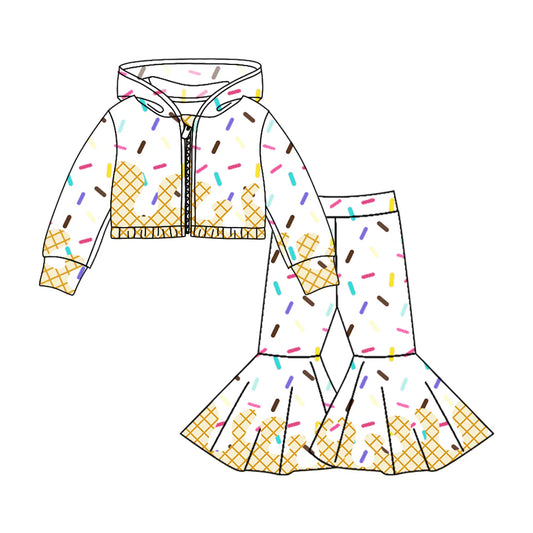 8.4Preorder (moq 5)Baby Girls Long Sleeves Drip Zipper Jacket Top Bell Bottom Pant Team Clothes Sets