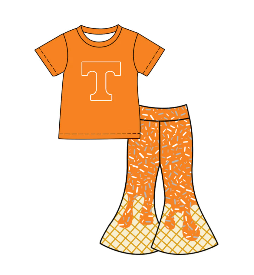 X12.1Preorder (moq 5)Baby Girls Orange T Top Drip Sprinkles Bell Bottom Pants Team Clothes Sets