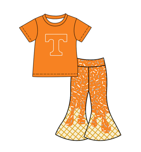 X12.1Preorder (moq 5)Baby Girls Orange T Top Drip Sprinkles Bell Bottom Pants Team Clothes Sets