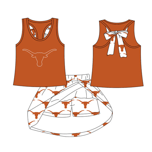 7.29Preorder (moq 5)Baby Girls Cow bow vest team Top Skirt Skort Sets