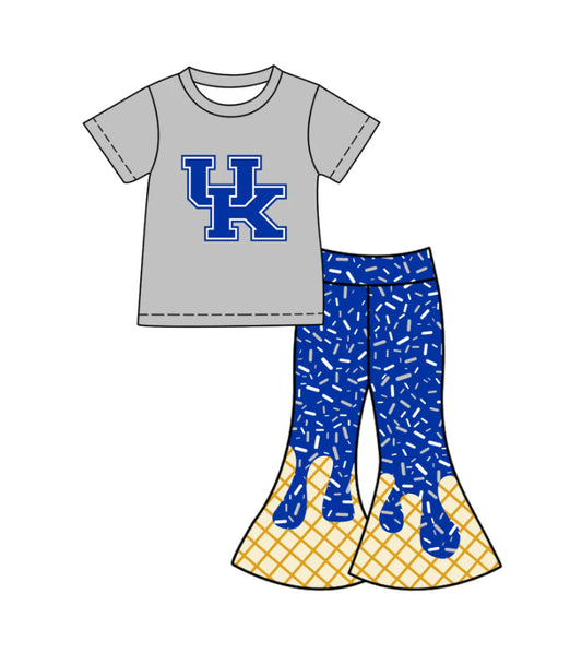 X12.1Preorder (moq 5)Baby Girls Blue UK Top Drip Sprinkles Bell Bottom Pants Team Clothes Sets