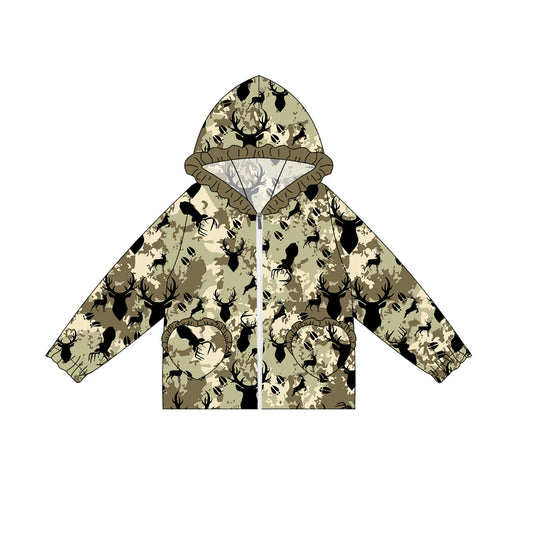 7.4Preorder(moq 5) Baby Girls Long Ruffle Sleeves Green Camo Deer Pockets Zipper Hoodies Top