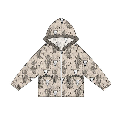 7.4Preorder(moq 5) Baby Girls Long Ruffle Sleeves Gray Cactus Bull Skull Pockets Zipper Hoodies Top