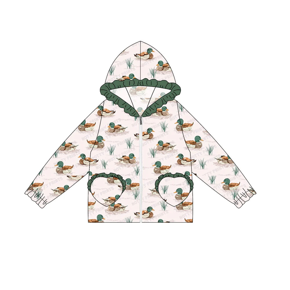 7.4Preorder(moq 5) Baby Girls Long Ruffle Sleeves Ducks Plaid Pockets Zipper Hoodies Top