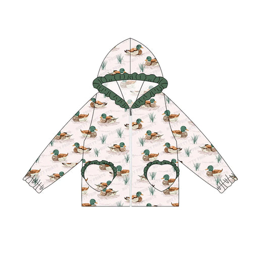 7.4Preorder(moq 5) Baby Girls Long Ruffle Sleeves Ducks Plaid Pockets Zipper Hoodies Top