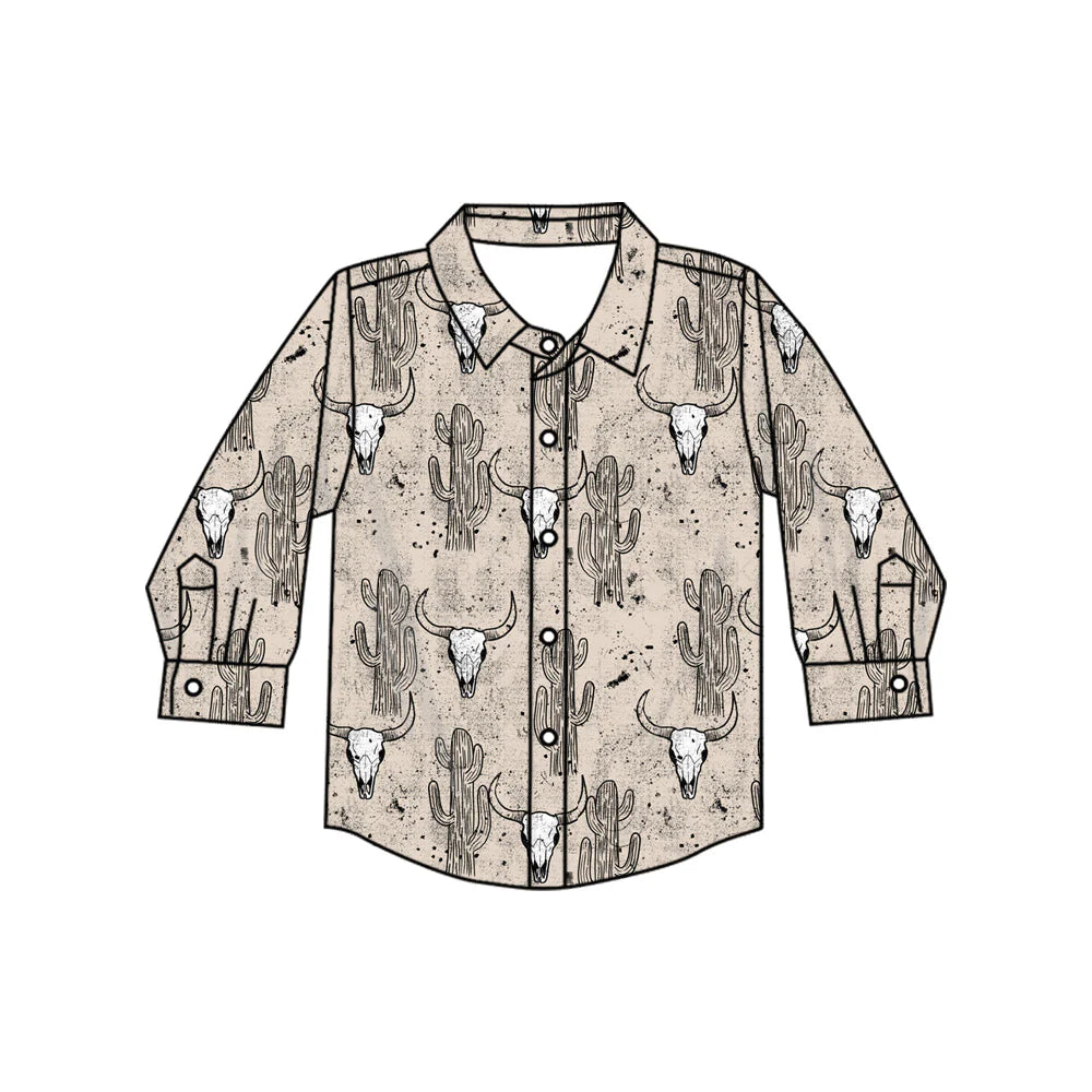 7.4Preorder(moq 5) Baby Boys Long Sleeves Gray Cactus Bull Skull Button Shirts Top