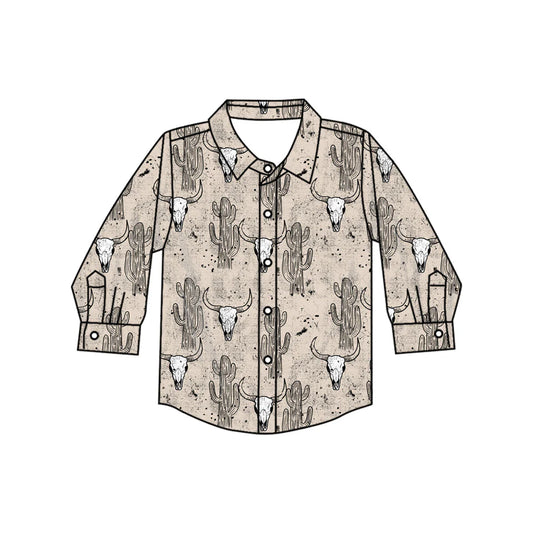 7.4Preorder(moq 5) Baby Boys Long Sleeves Gray Cactus Bull Skull Button Shirts Top