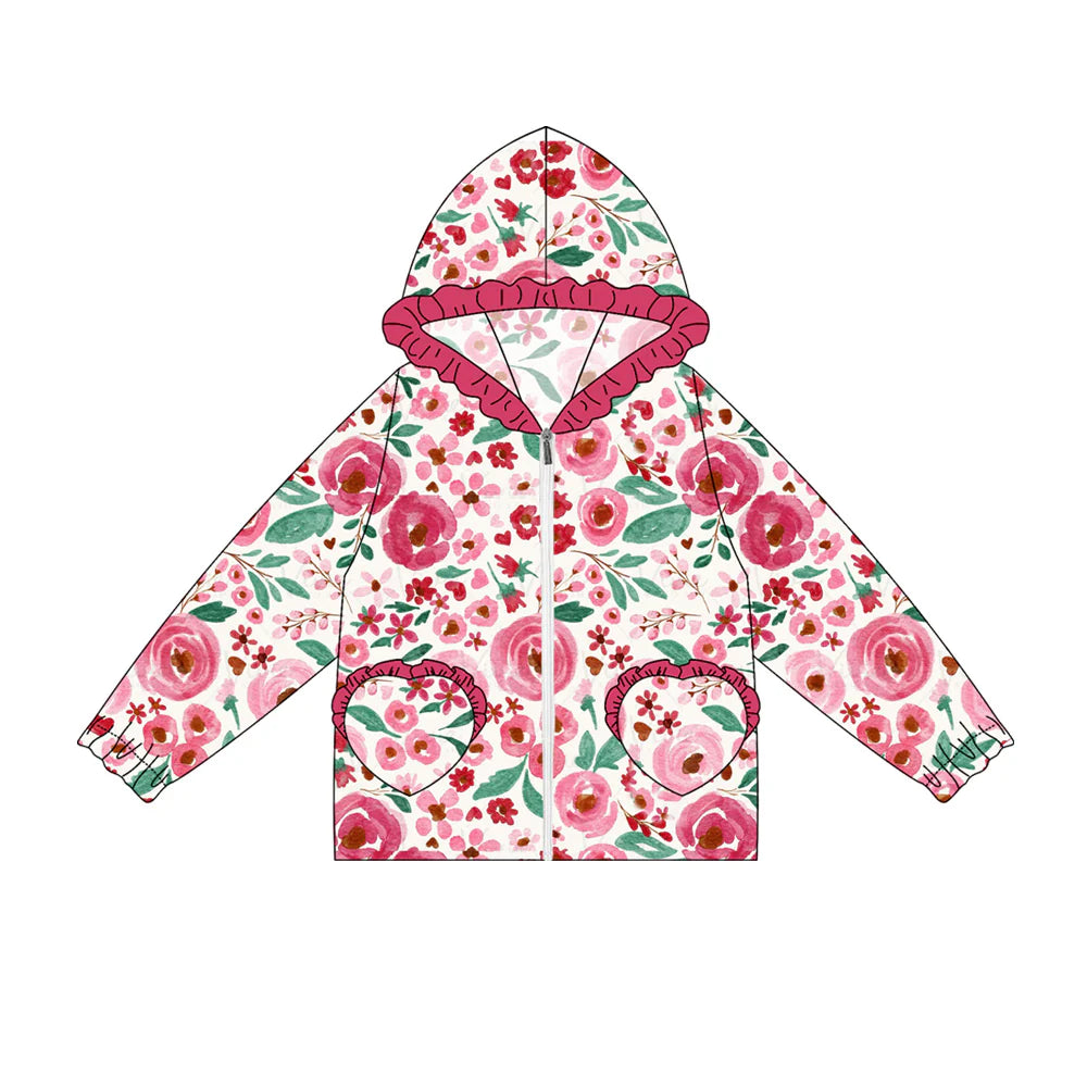 7.4Preorder(moq 5) Baby Girls Long Ruffle Sleeves Pink Flowers Pockets Zipper Hoodies Top