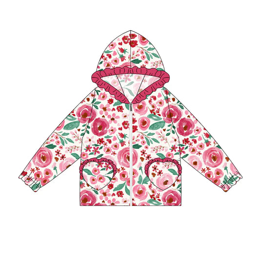 7.4Preorder(moq 5) Baby Girls Long Ruffle Sleeves Pink Flowers Pockets Zipper Hoodies Top