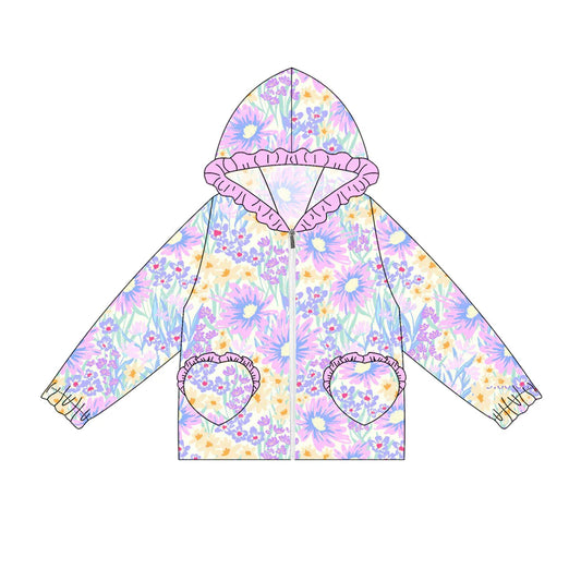 7.4Preorder(moq 5) Baby Girls Long Ruffle Sleeves Lavender Flowers Pockets Zipper Hoodies Top