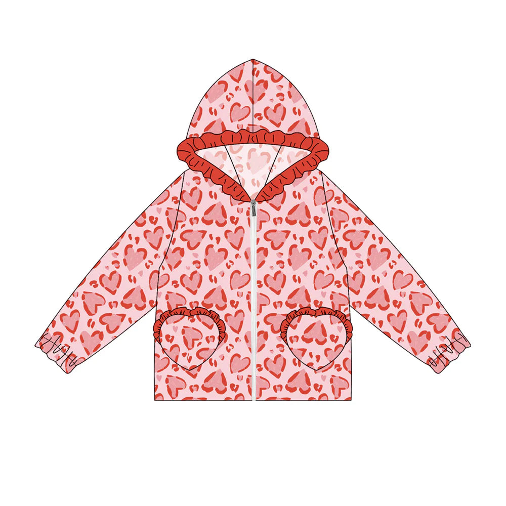 7.4Preorder(moq 5) Baby Girls Long Ruffle Sleeves Red Hearts Plaid Pockets Zipper Hoodies Top