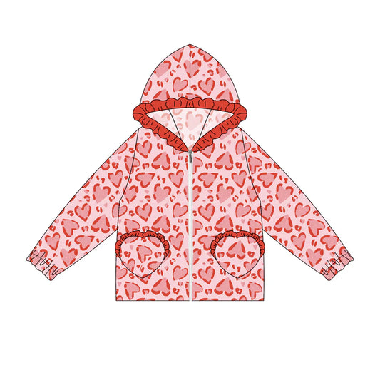 7.4Preorder(moq 5) Baby Girls Long Ruffle Sleeves Red Hearts Plaid Pockets Zipper Hoodies Top