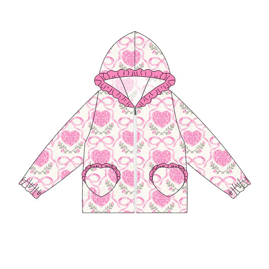 7.4Preorder(moq 5) Baby Girls Long Ruffle Sleeves Pink Flower Hearts Plaid Pockets Zipper Hoodies Top