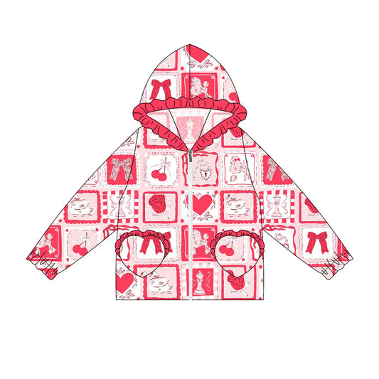 7.4Preorder(moq 5) Baby Girls Long Ruffle Sleeves Red Flowers Cherry Plaid Pockets Zipper Hoodies Top
