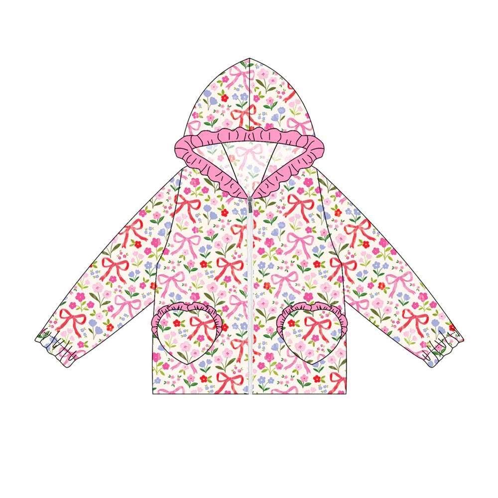 7.4Preorder(moq 5) Baby Girls Long Ruffle Sleeves Pink Flowers Bows Plaid Pockets Zipper Hoodies Top