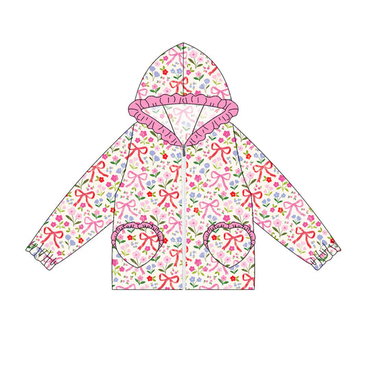7.4Preorder(moq 5) Baby Girls Long Ruffle Sleeves Pink Flowers Bows Plaid Pockets Zipper Hoodies Top