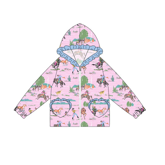 7.4Preorder(moq 5) Baby Girls Long Ruffle Sleeves Pink Horse Rodeos Pockets Zipper Hoodies Top