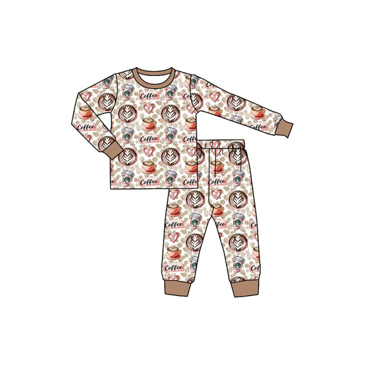 X903Preorder (moq 5)Baby Girls Coffee Cup Leopard Shirts Pants Pajamas Sets