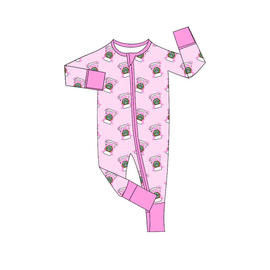 X903 Preorder(moq 5)Baby Girls Pink Coffee Cup Zipper Footie Rompers