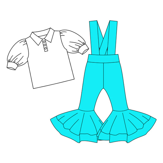 7.4Preorder (moq 5)Baby Girls Button Shirts Top Sky Blue Bell Bottom Overalls 2 Piece Clothes Sets