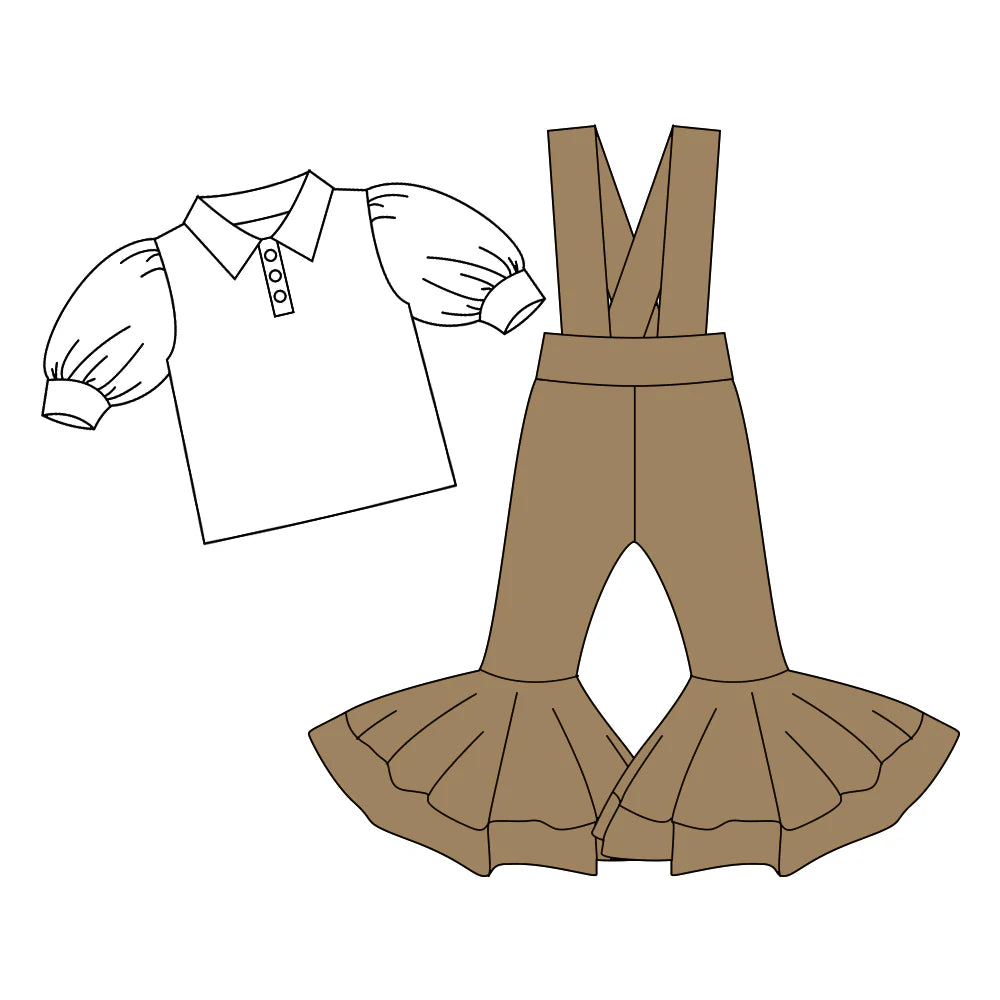 7.4Preorder (moq 5)Baby Girls Button Shirts Top Khaki Bell Bottom Overalls 2 Piece Clothes Sets