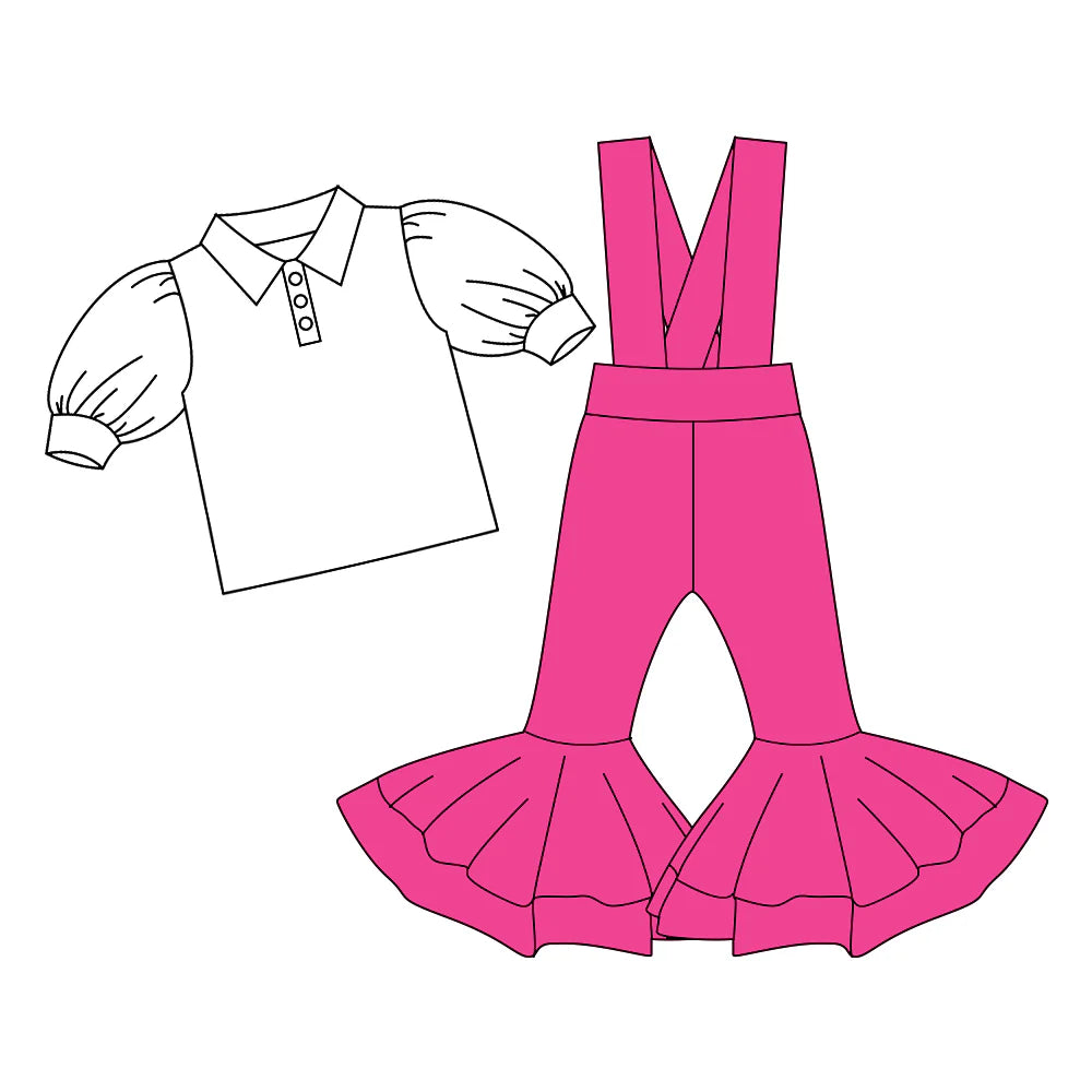 7.4Preorder (moq 5)Baby Girls Button Shirts Top Pink Bell Bottom Overalls 2 Piece Clothes Sets